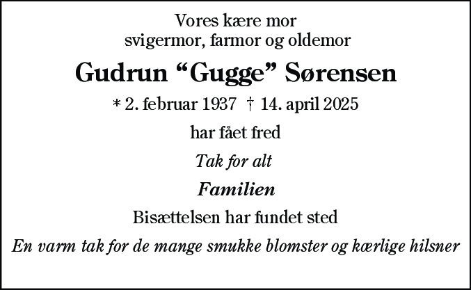 Dødsannonce for Gudrun Sørensen