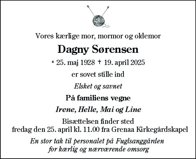 Dødsannonce for Karen Dagny Elizabeth Sørensen