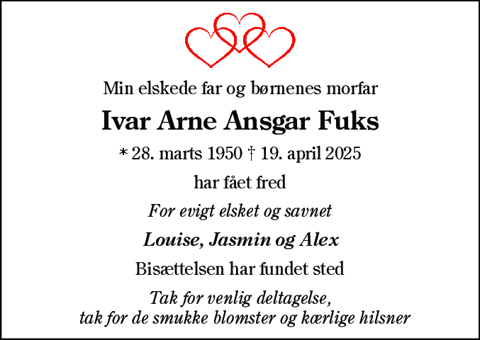 Dødsannonce for Ivar Arne Ansgar Fuks