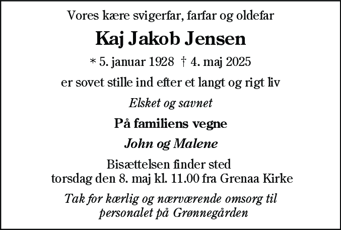 Dødsannonce for Kaj Jakob Jensen