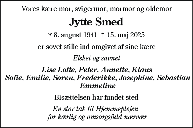 Dødsannonce for Jytte Smed