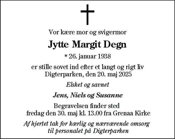 Dødsannonce for Jytte Margit Degn
