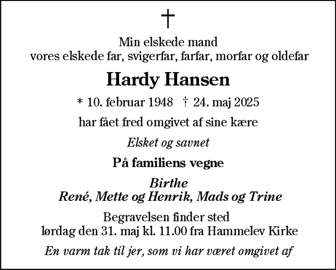 Dødsannonce for Hardy Hansen