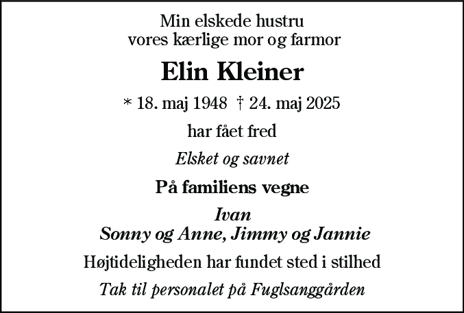 Dødsannonce for Elin Stensgaard Kleiner
