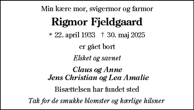 Dødsannonce for Rigmor Fjeldgaard