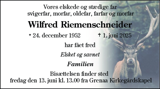 Dødsannonce for Wilfred Magnus Riemenschneider