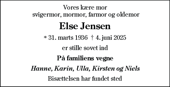 Dødsannonce for Else Jensen