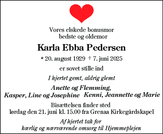 Dødsannonce for Karla Ebba Pedersen