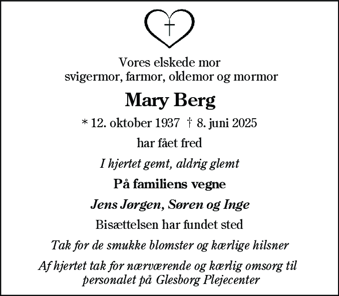Dødsannonce for Mary Birgit Berg