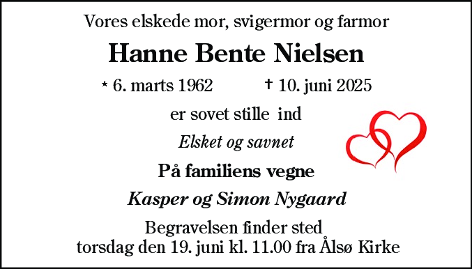 Dødsannonce for Hanne Bente Nielsen