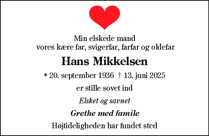 Dødsannonce for Hans Mikkelsen