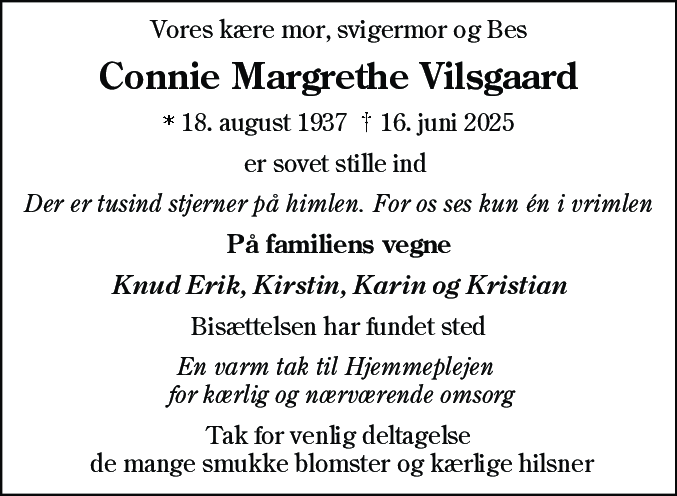 Dødsannonce for Connie Margrethe Vilsgaard