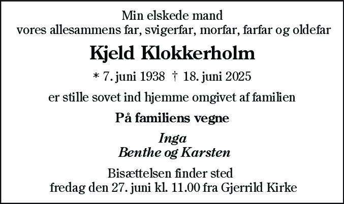 Dødsannonce for Kjeld Klokkerholm