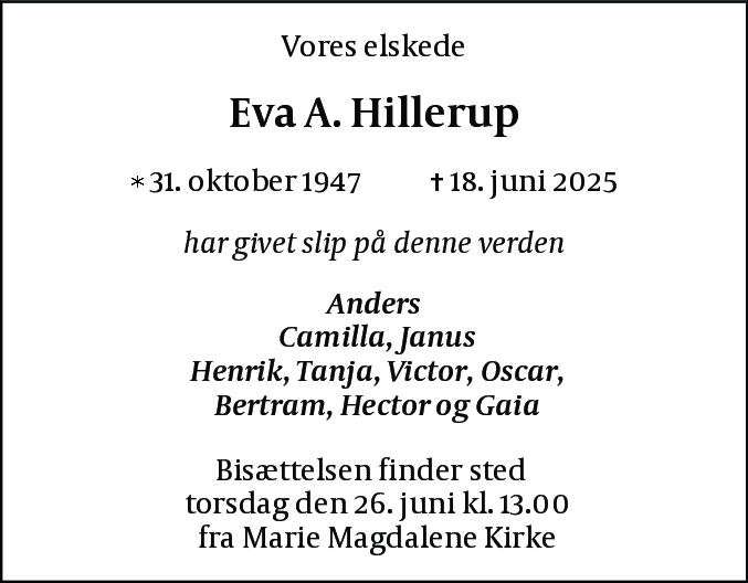 Dødsannonce for Eva Agnete Hillerup