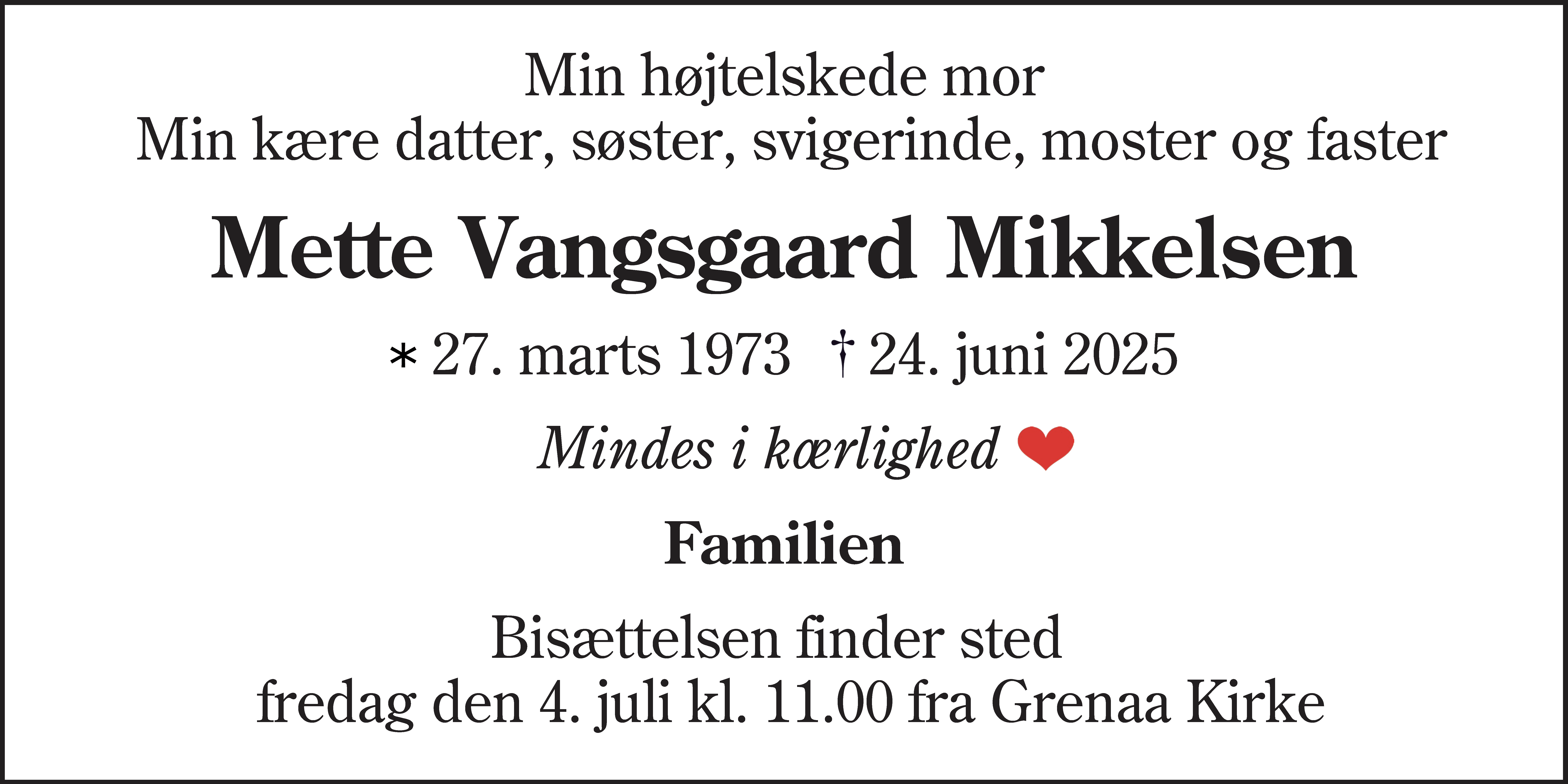 Dødsannonce for Mette Vangsgaard Mikkelsen