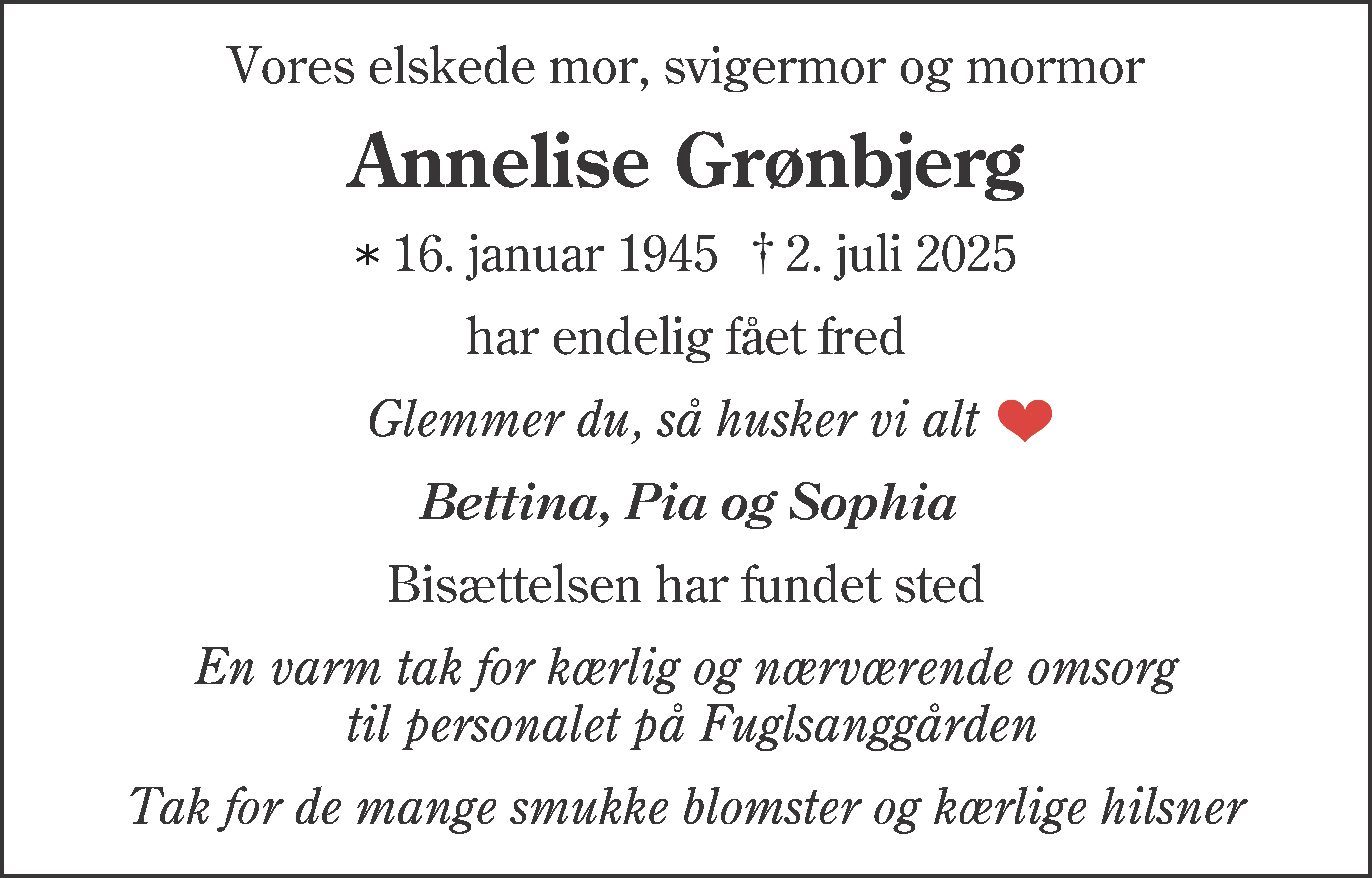 Dødsannonce for Annelise Grønbjerg