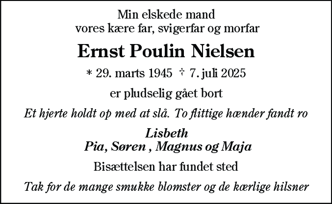 Dødsannonce for Ernst Poulin Nielsen