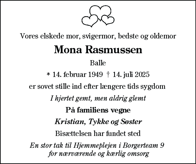 Dødsannonce for Mona Grethe Rasmussen