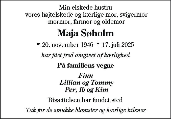 Dødsannonce for Maja Søholm