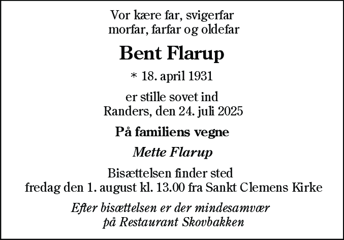 Dødsannonce for Bent Flarup