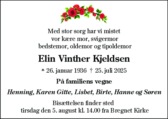 Dødsannonce for Elin Vinther Kjeldsen