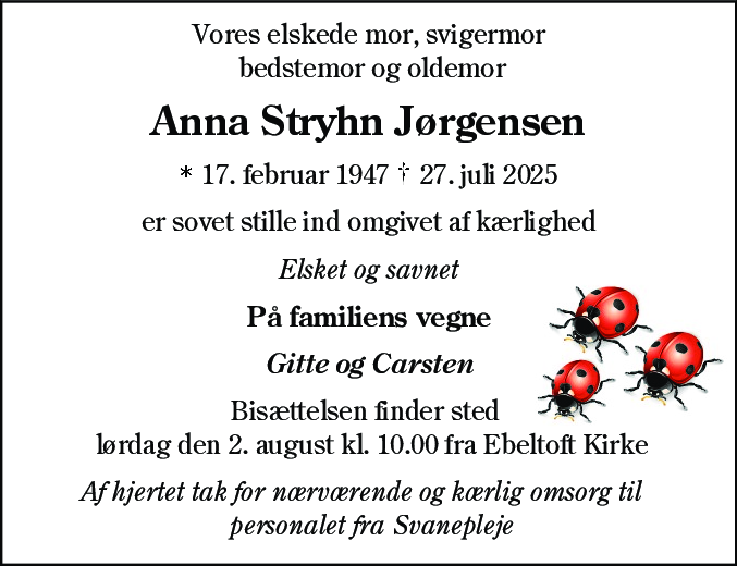 Dødsannonce for Anna Stryhn Jørgensen