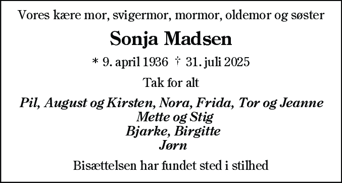 Dødsannonce for Sonja Madsen