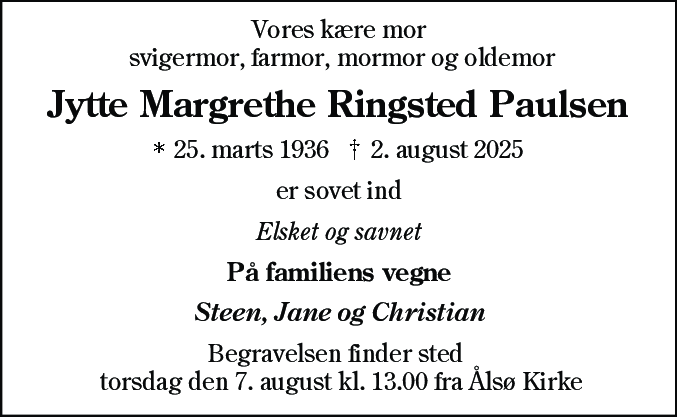 Dødsannonce for Jytte Margrethe Ringsted Paulsen