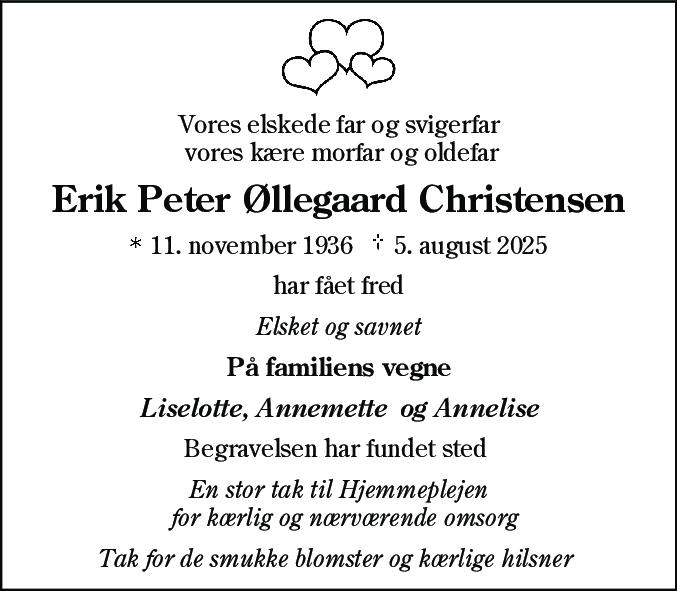 Dødsannonce for Erik Peter Øllegaard Christensen