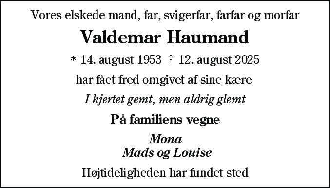 Dødsannonce for Valdemar Haumand