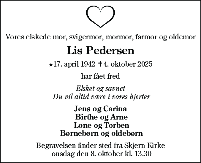 Dødsannonce for Lis Pedersen