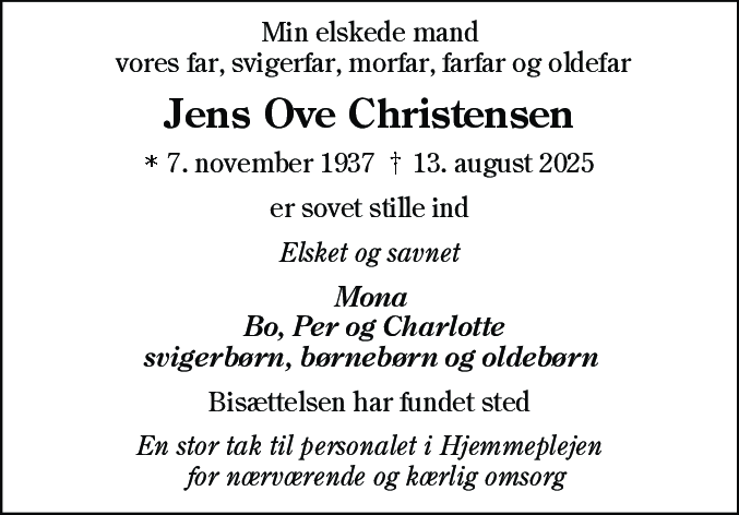 Dødsannonce for Jens Ove Christensen