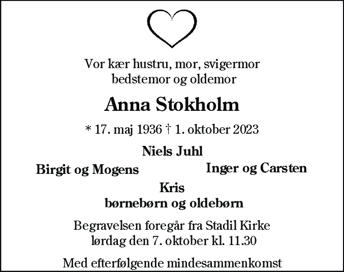 Dødsannonce for Anna Stokholm