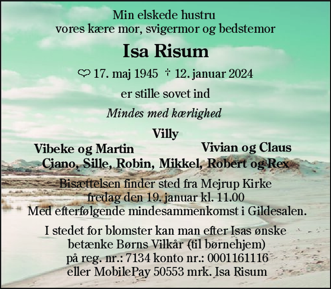 Dødsannonce for Isa Risum