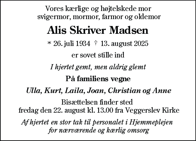 Dødsannonce for Alis Skriver Madsen