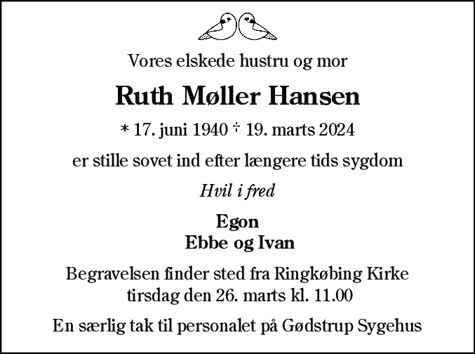 Dødsannonce for Ruth Møller Hansen