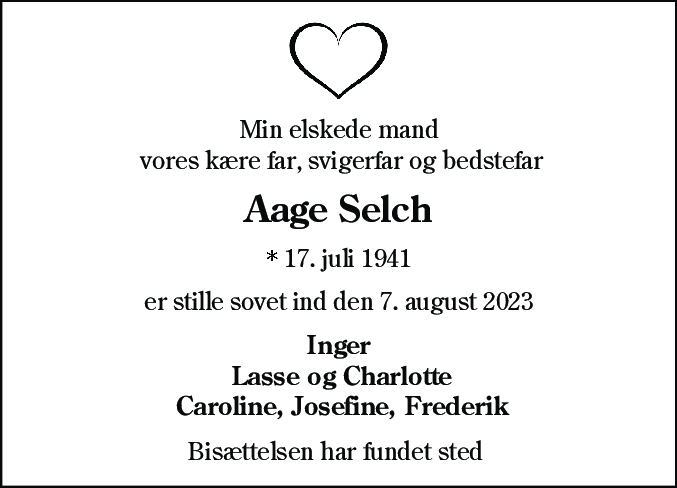 Dødsannonce for Aage Selch