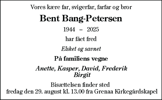 Dødsannonce for Bent Bang-Petersen
