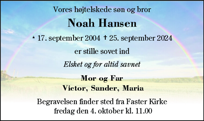 Dødsannonce for Noah Hansen