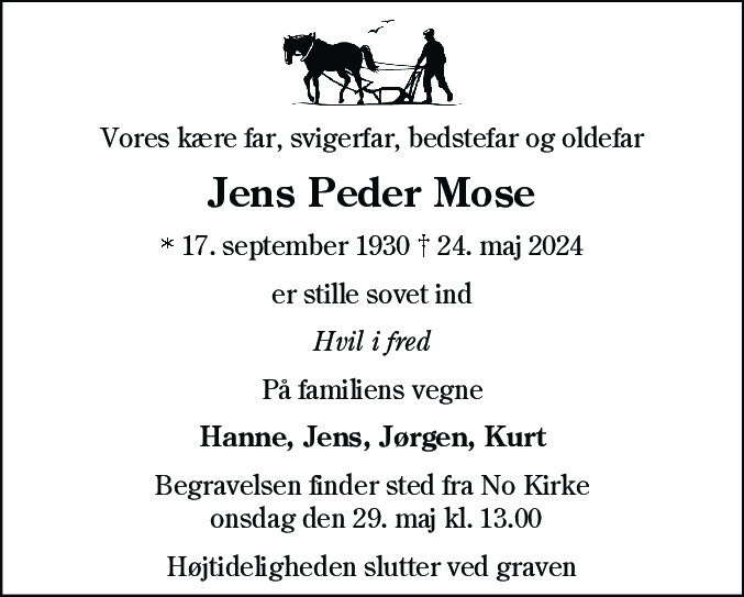 Dødsannonce for Jens Peder Mose