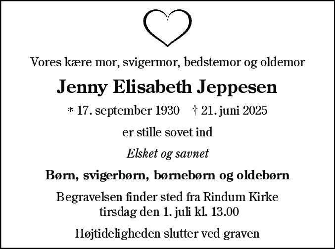 Dødsannonce for Jenny Elisabeth Jeppesen