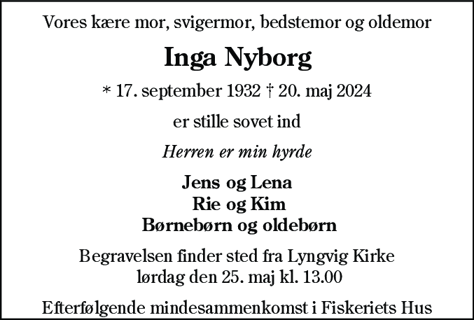 Dødsannonce for Inga Nyborg