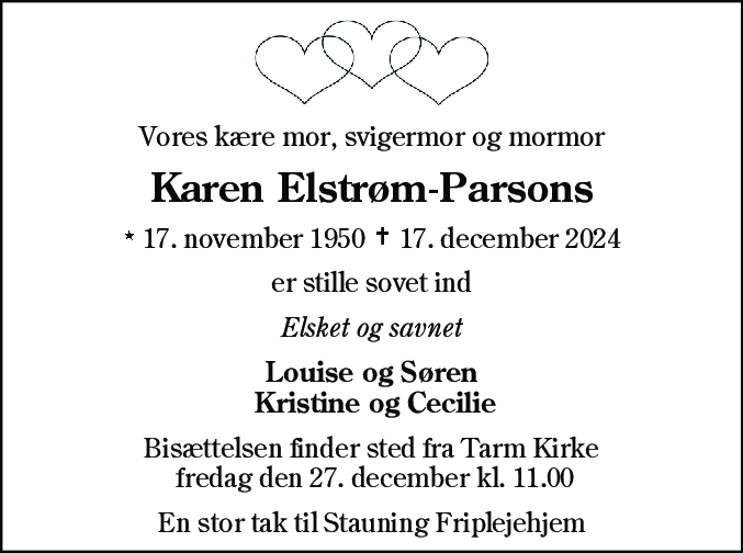 Dødsannonce for Karen Elstrøm-Parson