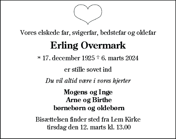 Dødsannonce for Erling Overmark