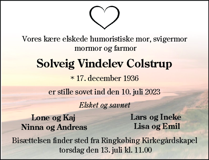 Dødsannonce for Solveig Vindelev Colstrup