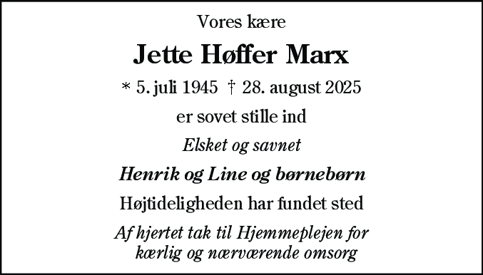 Dødsannonce for Jette Høffer Marx