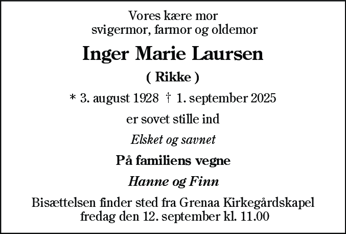 Dødsannonce for Inger Marie Laursen