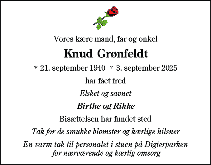 Dødsannonce for Knud Jensen Grønfeldt
