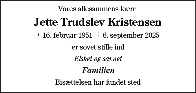 Dødsannonce for Jette Trudslev Kristensen