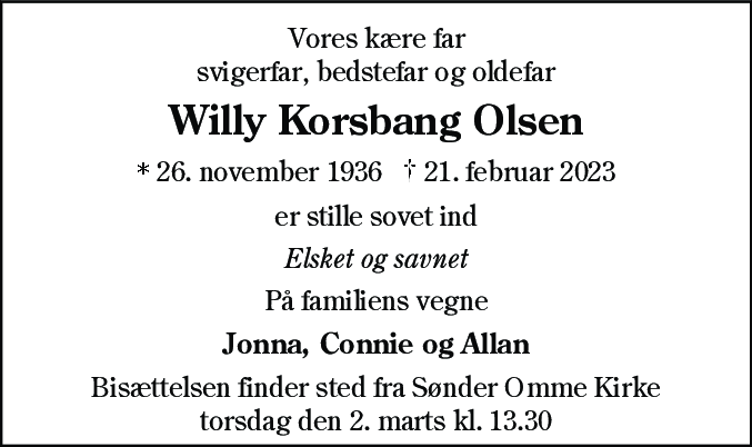 Dødsannonce for Willy Korsbang Olsen